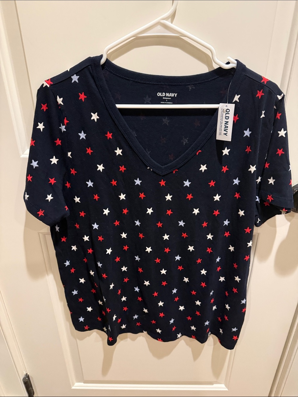 NWT- Old Navy Navy V-Neck Short Sleeve Tee with Red, White & Light Blue Stars